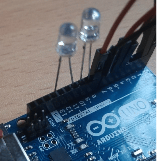 Step 6,7  Connect the positive and negative terminal of one LED to Pin 11 and the GND of the Arduino respectively.| Connect the positive and negative terminal of the other LED to Pin 9 and Pin 10 of the Arduino respectively.